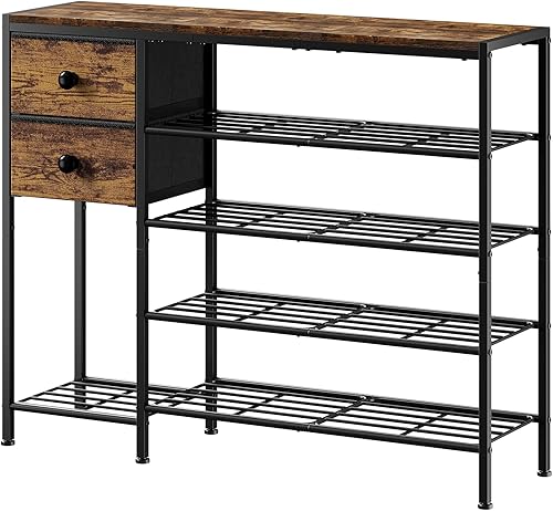 Zapatero de 5 niveles con 2 cajones de tela, marco de metal y tablero de madera organizador de zapatos para 16-20 pares de zapatos, estante de