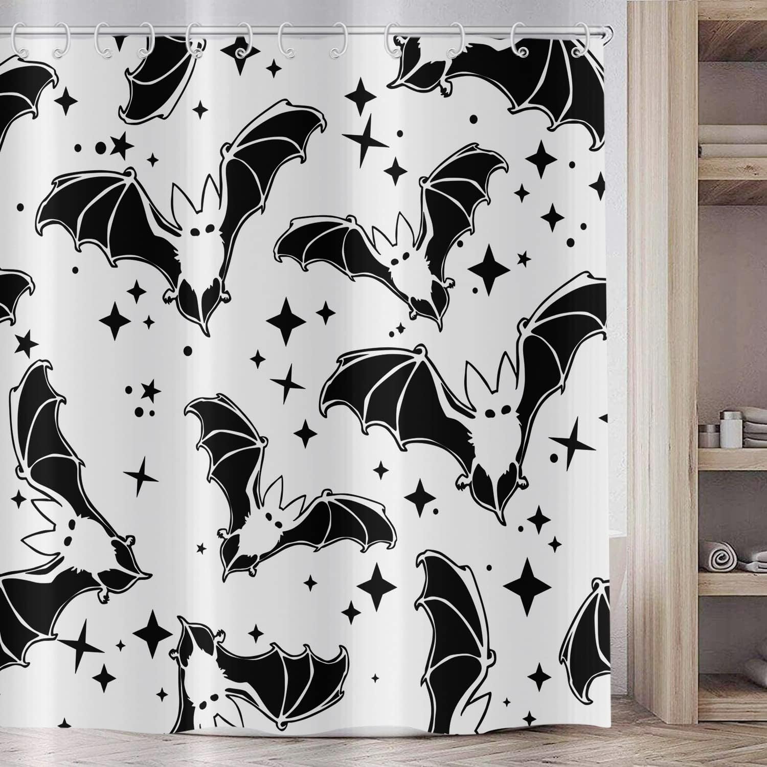 Halloween Shower Curtain, Black Bat Devil Horror Black and White Bats Pattern Bathroom Curtains with Hooks Waterproof Fabric for Home Decor, 72" Wx72 H