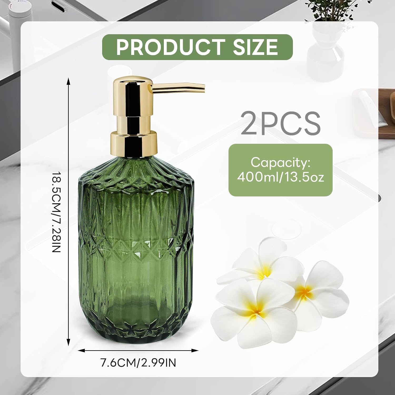Goldmeet 2-Pack Green Glass Soap Dispenser, 13.5oz