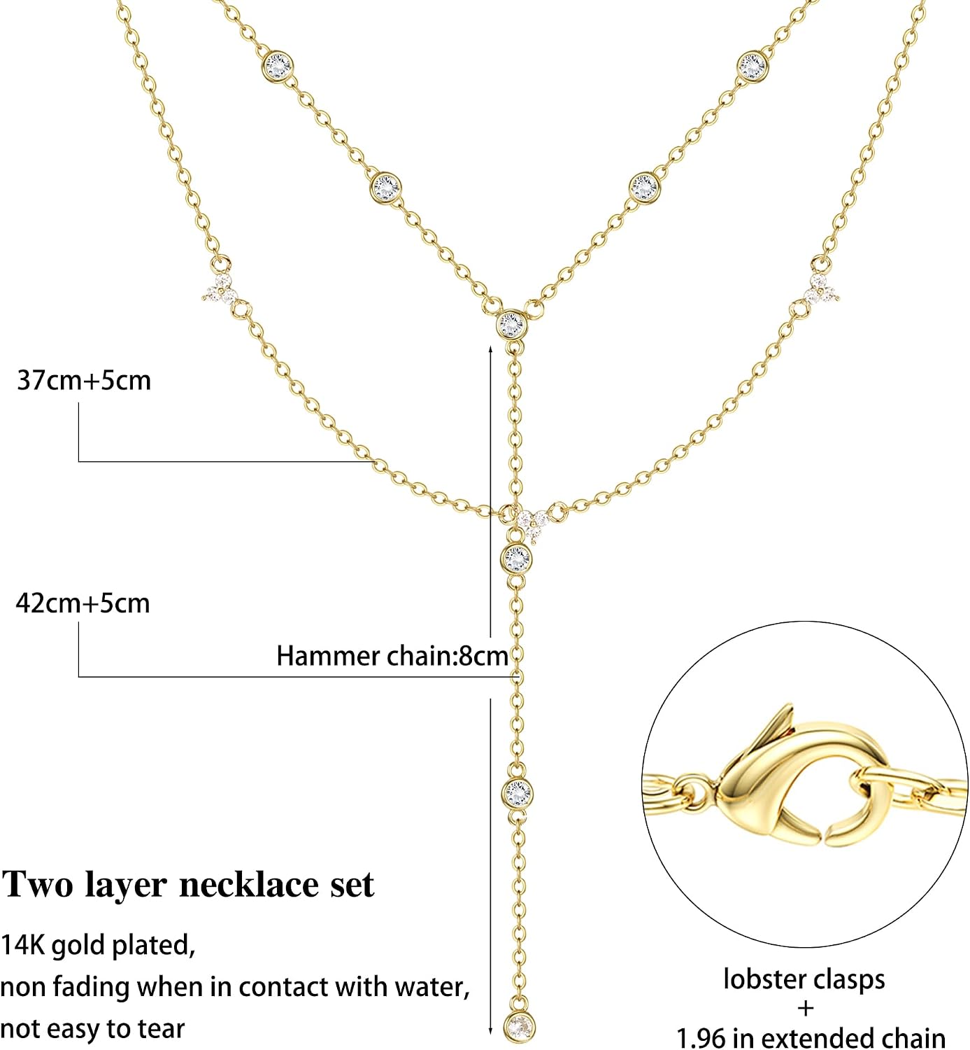 Dochais Dainty Gold Layered Necklace for Women, 14K Gold Plated Y Necklace & Chain, Dainty Lariat Long Necklaces, Trendy Cubic Zirconia Choker, Sun, Heart, Pearl & Cross Pendant Necklace, Jewelry Gift