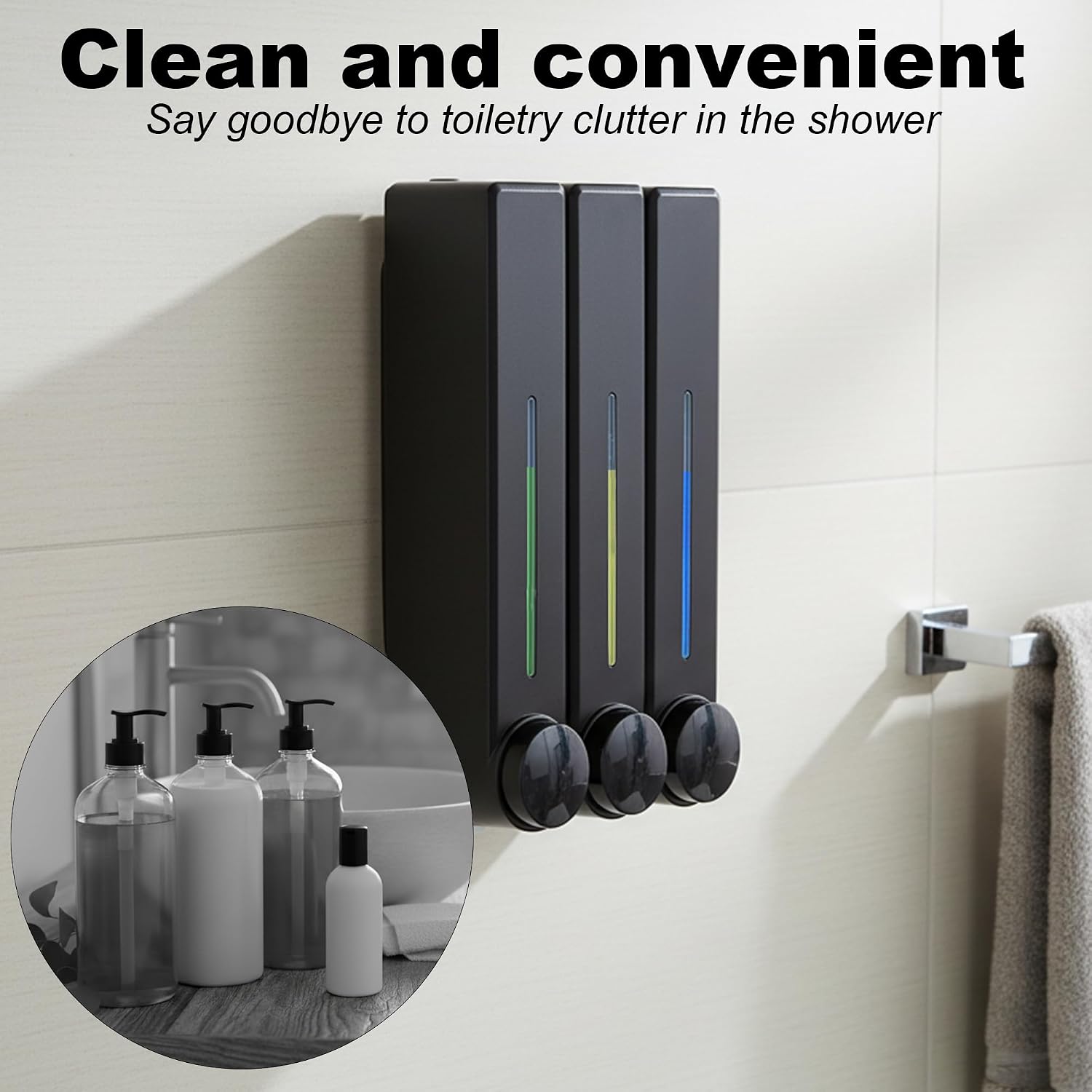 Shower Dispenser 3 Chamber No Drill,Shampoo and Conditioner Dispenser,Shower Soap Dispenser Wall Mounted for Bathroom Hotel Toilet with lLock-Free,Rapid Fluid Replenishment 3 * 450ml(Black)