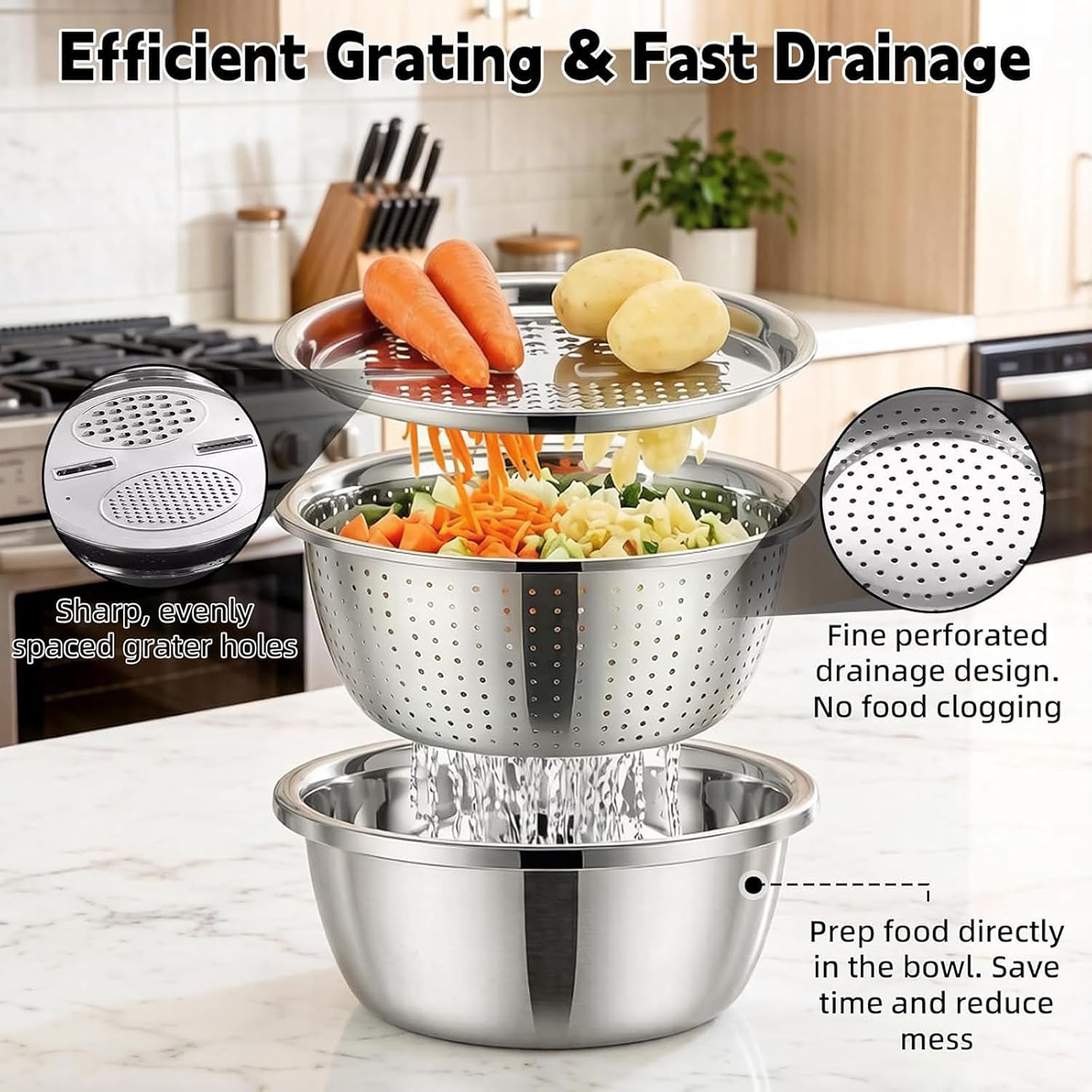 3 in 1 Stainless Steel Mixing Bowls Set - Multifunctional Colander with Grater & Vegetable Slicer, Stackable Kitchen Strainer Drain Basket for Rinsing, Washing, Mixing & Food Prep, Food Grade, 3Pcs