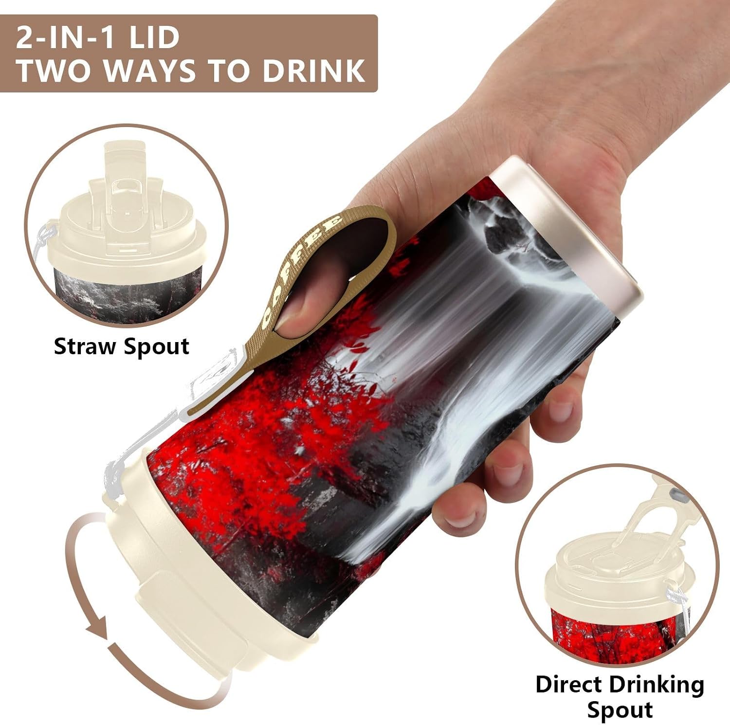 Insulated Coffee Mug Waterfall Red Tree with Straw & Flip Lid, 16.9oz Iced Tumbler Cup, Double Wall Vacuum Mug for Travel Office Camping