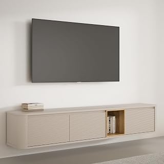 Forte BREATHTAKER TV-Schrank 220, modern minimalistisch, 3-türig, beleuchtetes Fach, Reliefstruktur, Holzwerkstoff, Beige/Mauvella Eiche Holzdekor, 215 cm breit x 41,5 cm hoch x 41,3 cm tief