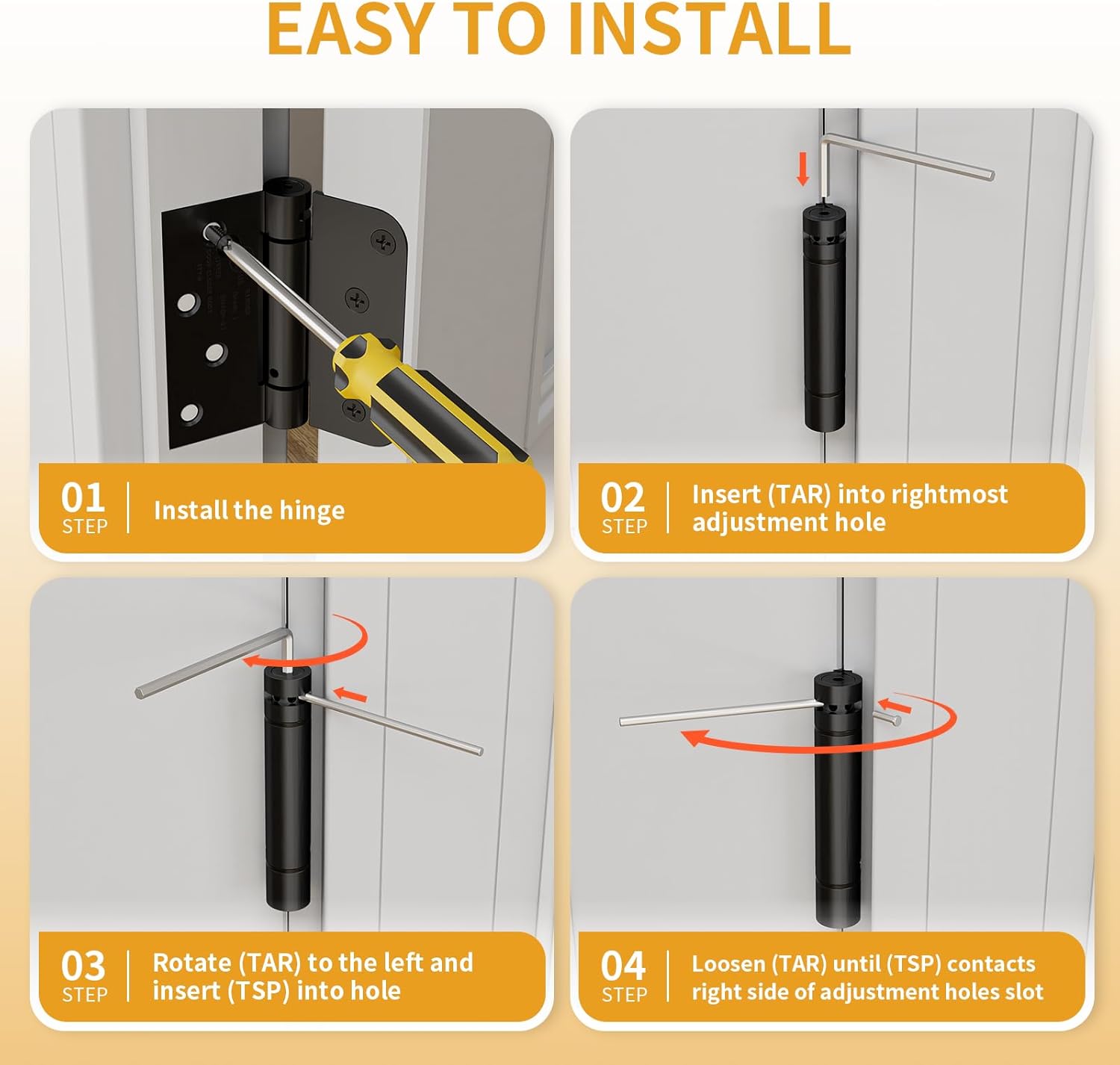 4 Pack Self Closing Door Hinges 4 Inch, Matte Black Spring Loaded Hinges with Square & 5/8" Radius Corners, Adjustable Tension for Garage, Front Door, for Left and Right Hand Door, UL Listed