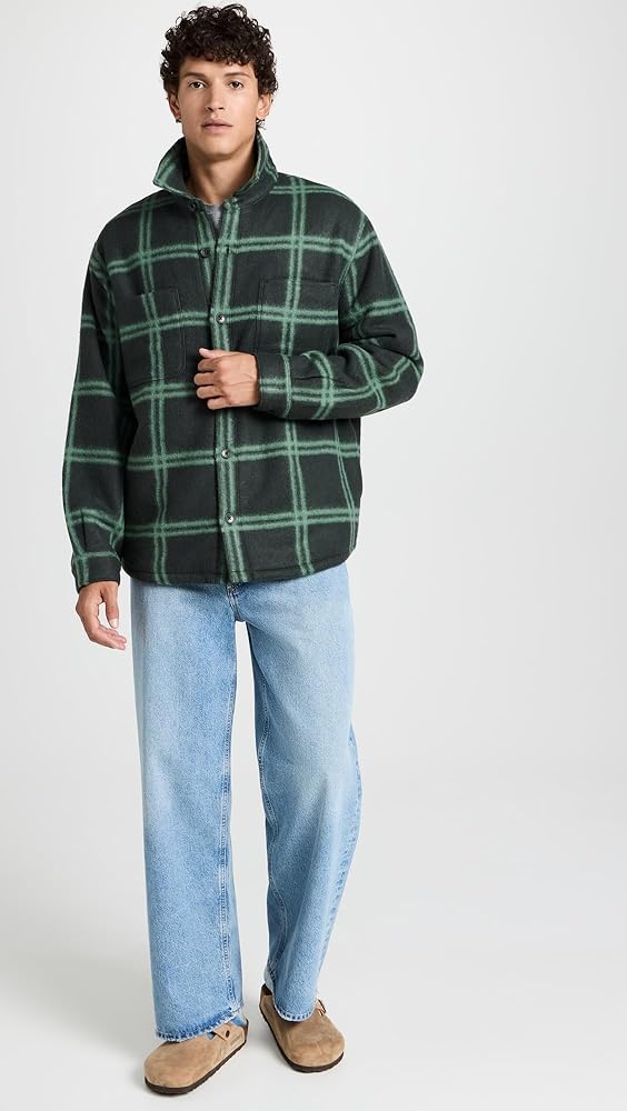 Vince Mens WINDOWPANE SHERPA SHIRT JKT, MIDNIGHT FOREST/MINERAL