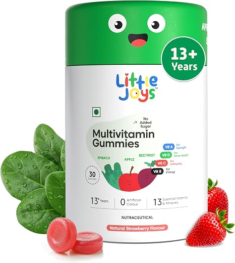 Little Joys Multivitamin Gummies (13+ years) | 30 Days Pack | No Sugar Added | Strawberry Flavour | Boosts Immunity, Bone ...