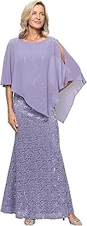 Womens Long Shimmer Foil Printed Chiffon Overlay Wedding Guest Capelet Gown, Formal Dress W/Attached Cape