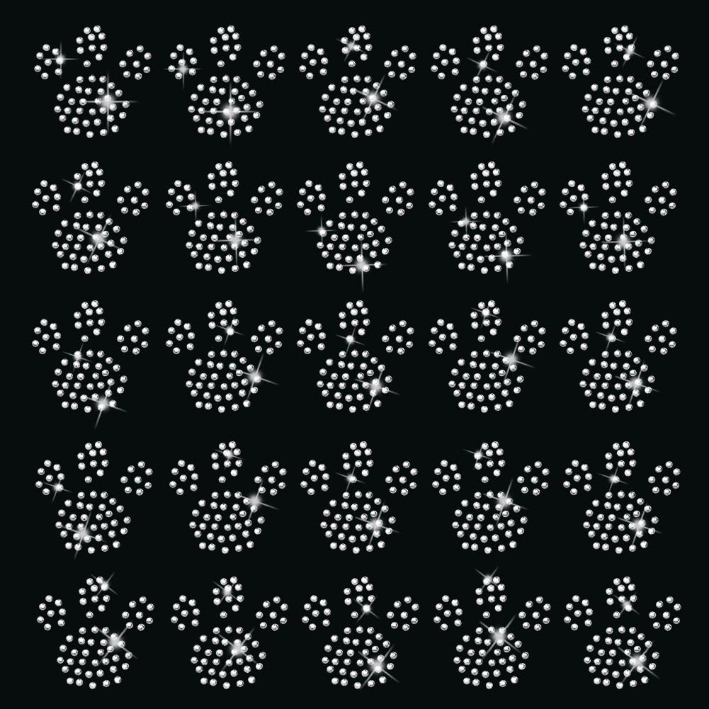 HOBBIESAY 30Pcs Dog Paw Crystal Decals 26mm Clear Paw Pattern Crystal Decals Puppy Footprint Iron on Rhinestone Bling Crystal Transfers for Costume Dress Decor