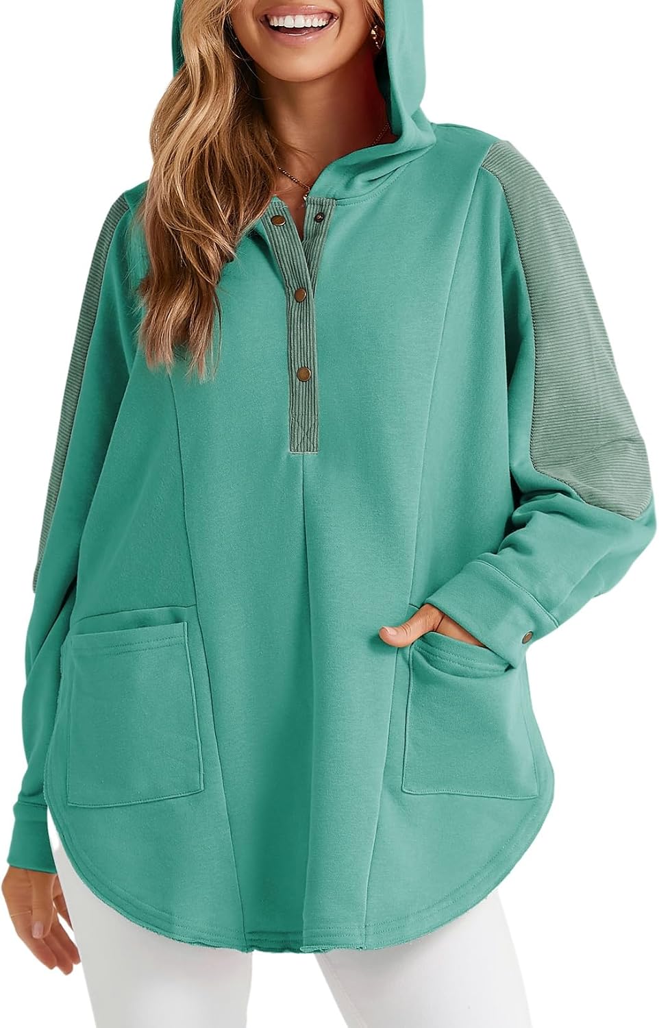 SAMEFAR Women's Oversized Button Down Hoodie - Long Sleeve Pullover Sweatshirt, Dark Green
