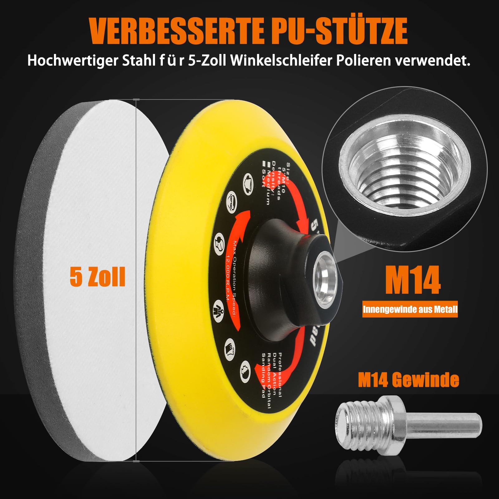 Pomsare Schleifscheiben-Set 125mm Klett für Winkelschleifer - 80 Stück Schleifpapier mit M14 Schleifteller und Schaft - Winkelschleifer Zubehör für Holz und Metall - Verbesserte Version