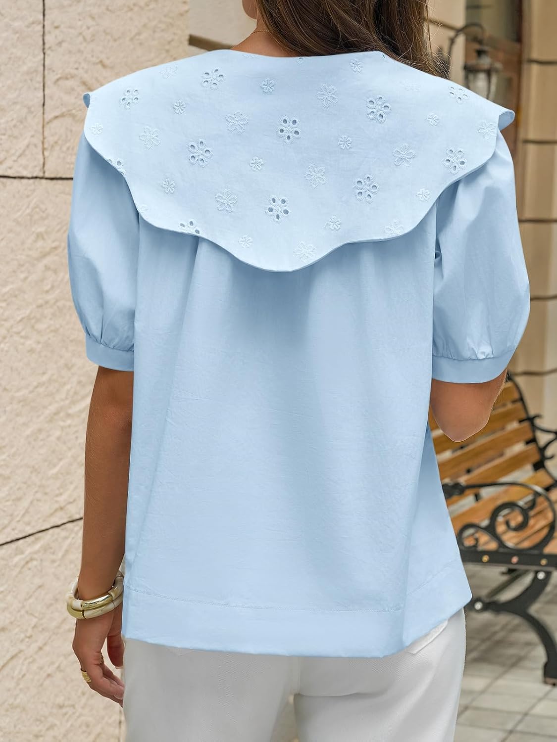 Cicy Bell Womens Peter Pan Collar Button Down Shirts Puff Short Sleeve Summer Casual Eyelet Tops Cotton Loose Fit Blouses