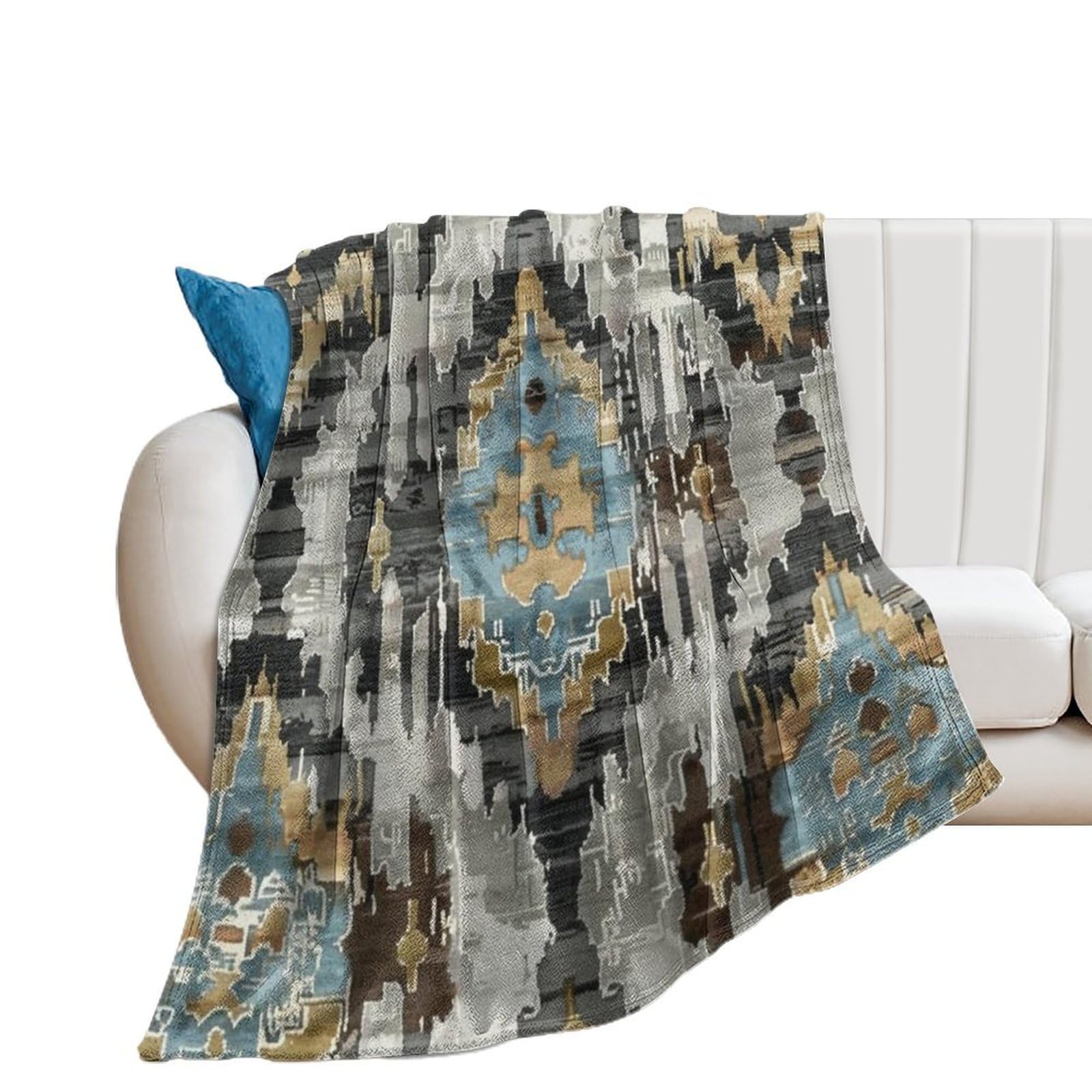 DreamAutumn Blue Gray Abstract Ikat Blankets And Throws, Thicken Office Nap Throw Blankets for Man Women, Fluffy Lightweight Plush Super Soft Warm Flannel Blanket for Couch Bed Sofa Chair 50x60in