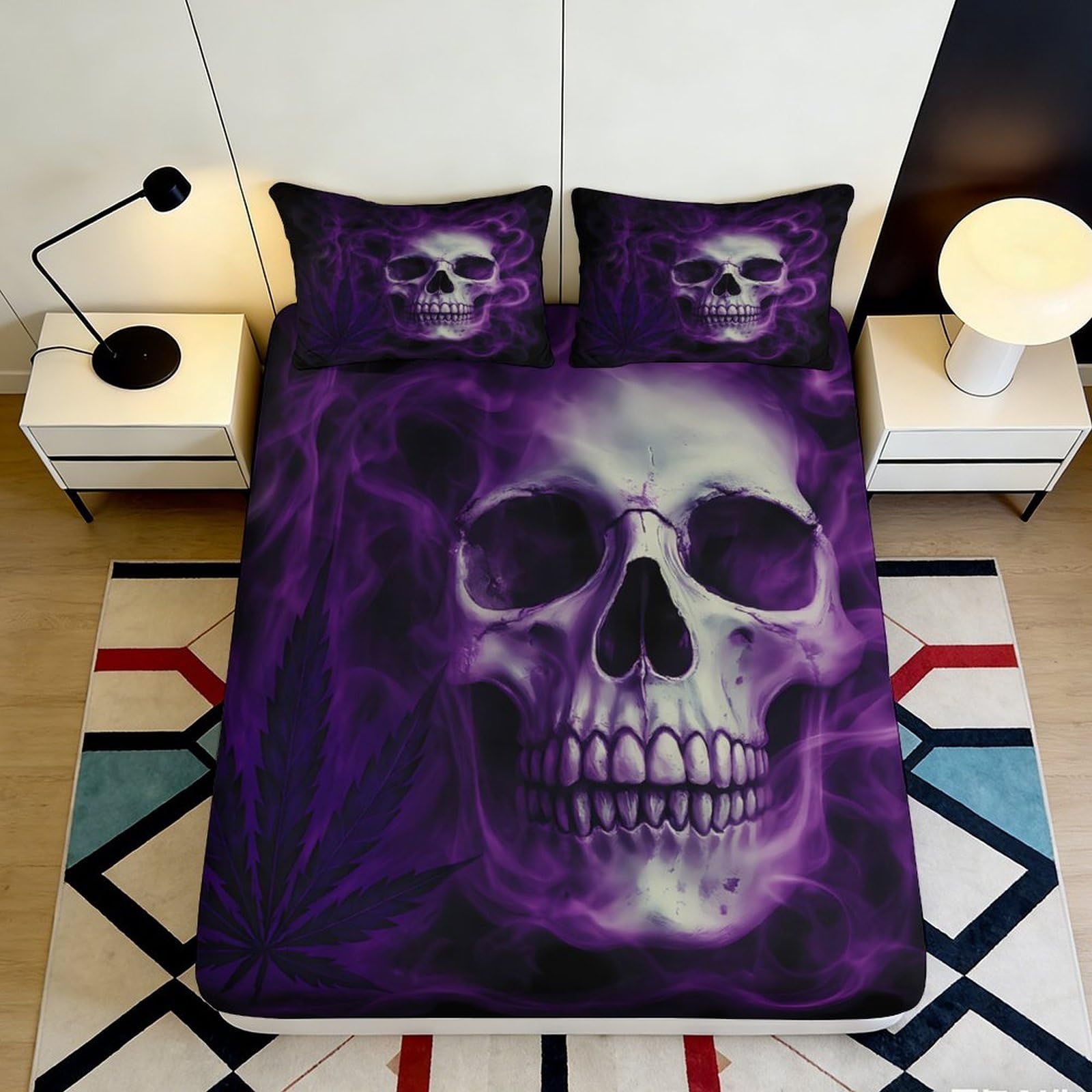 3D Printed Purple Skull Fitted Sheet Microfiber Soft Breathable Cannabis Leaf Bed Cover for Bedroom Dormitory Guest Room Mattress Protection Decor 90x200x25cm