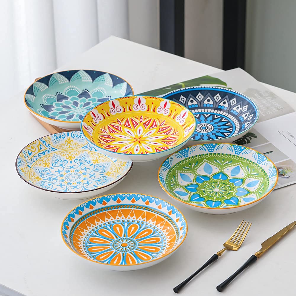 Assiettes Plates Assiette Creuse Porcelaine - Lot de 6 Assiette a Pates | Salade | Soupe | Dessert | Risotto - 680 ml - 20×4 cm