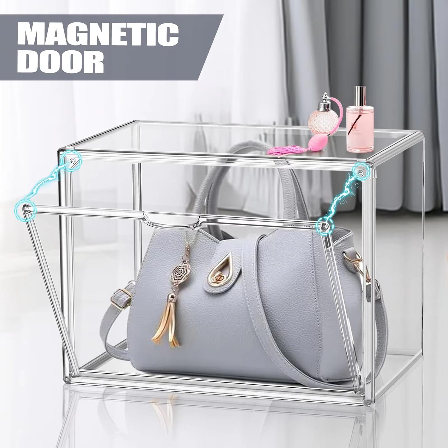Purse Organizer for Closet,3 Packs Clear Acrylic Display Case for Handbag Organizer,Purse Storage Box with Magnetic Door, Stackable Plastic Storage Bins for Handbag,Collectibles, Cosmetic