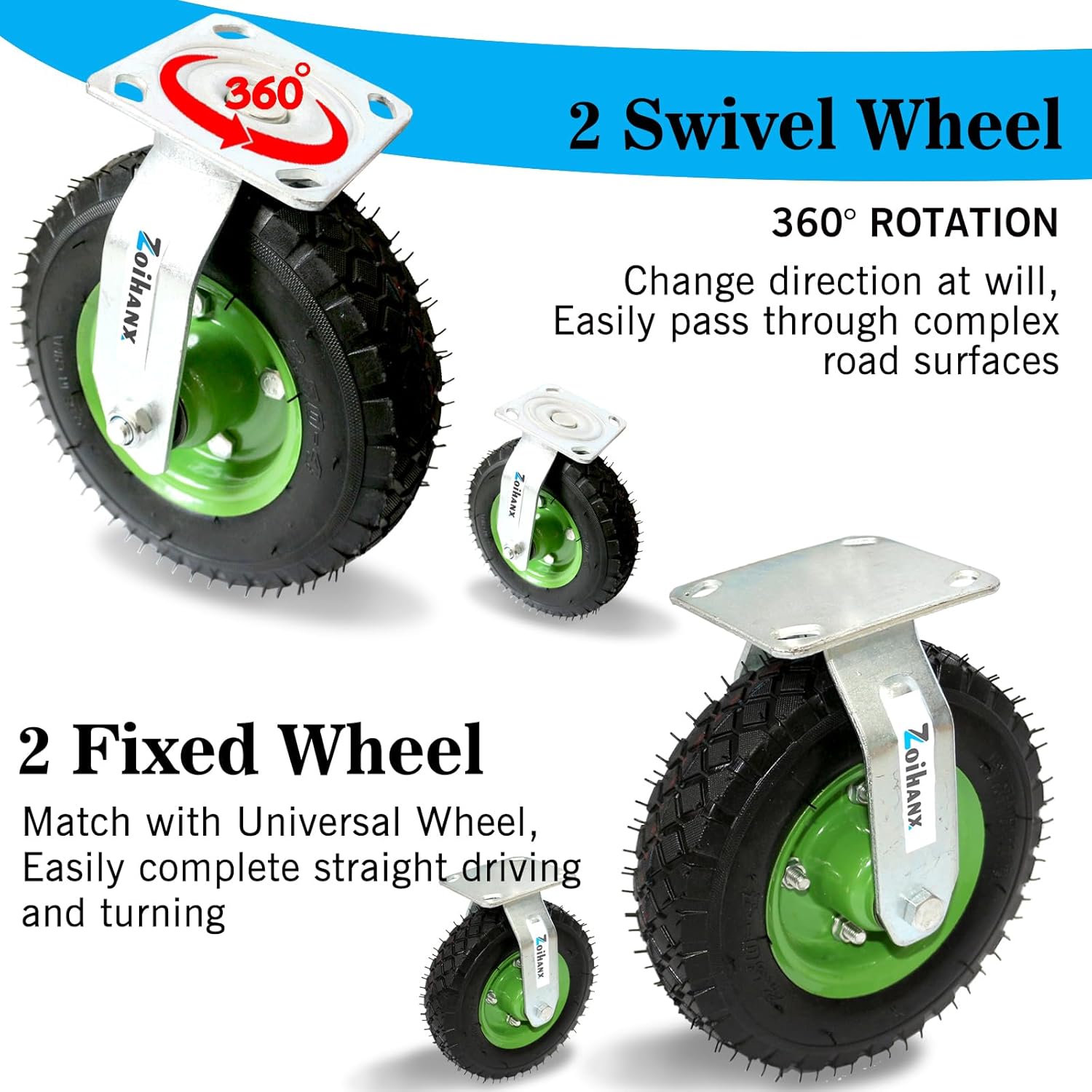 8 Inch Heavy Duty Casters Pneumatic Caster Wheels Set of 4 (2 Swivel & 2 Fixed), with A Carrying Capacity of Up to 440 Lbs,Rubber Knobby Tread for Workbench, Cart, Trolley,Wagon and Shelves