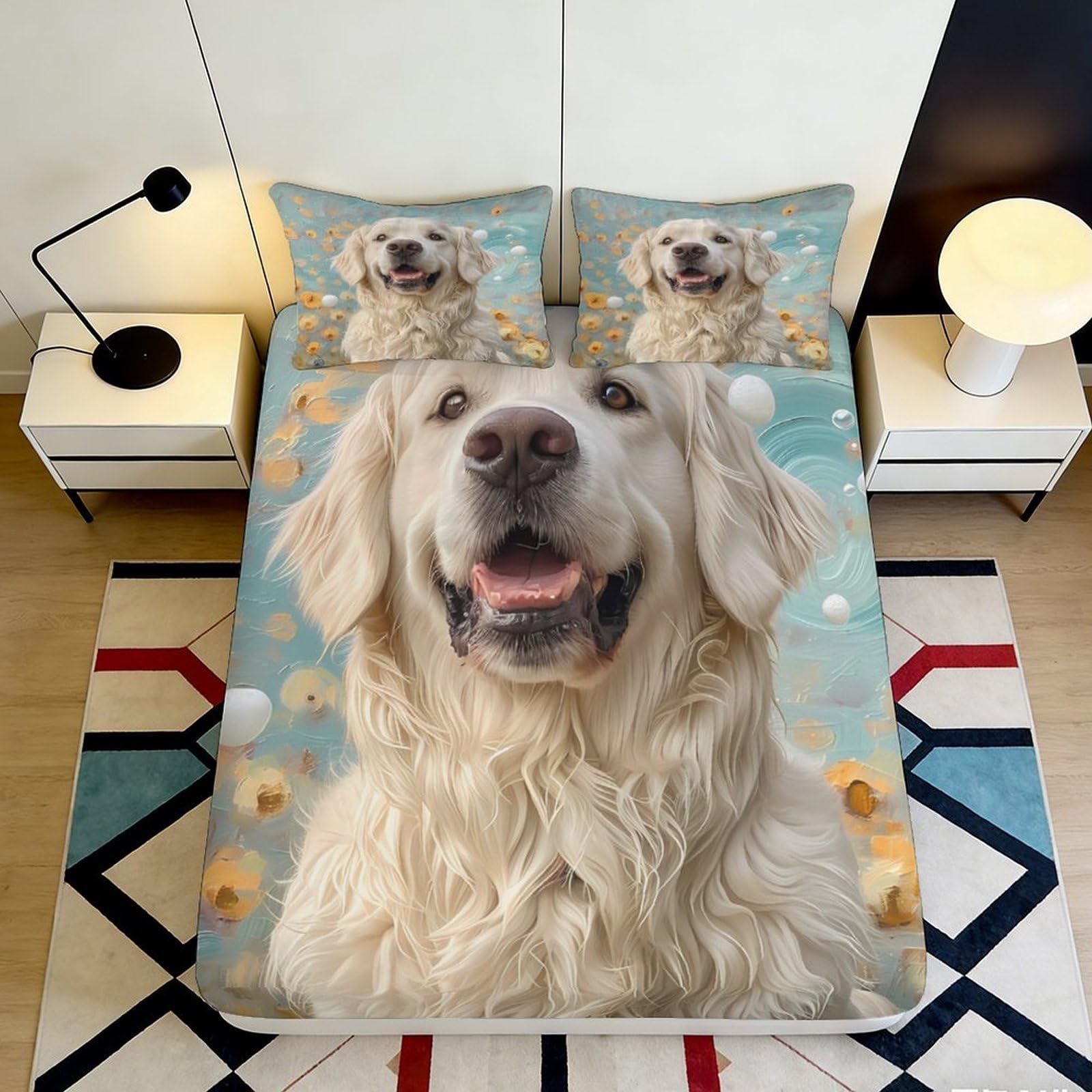 Pnayamiorkfel Style-4 3D Printed Golden Retriever Dog Fitted Sheet Microfiber Soft Decorative Bubble Pattern Bed Cover For Bedroom Guest Room 90X200x25cm