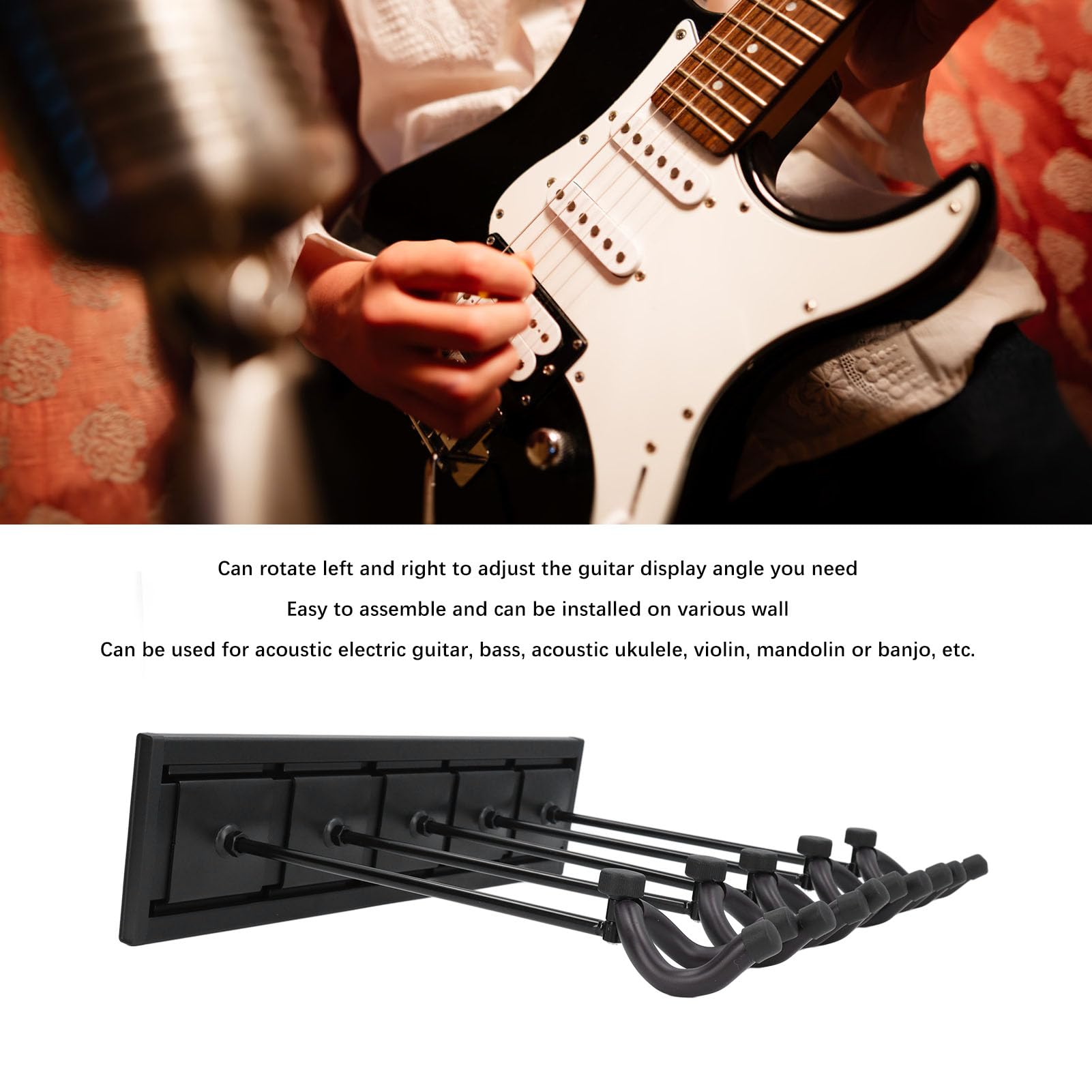 Soporte de pared para colgar guitarra multiinstrumento con panel de aluminio de empalme de 47 pulgadas para dormitorio o espacio de ensayo, montaje seguro con ganchos de (Negra)