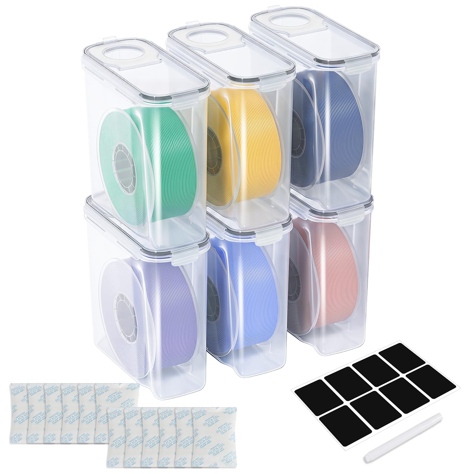 Filament Aufbewahrungsbox 4L mit Trockenmittel & Marker, 6er | Luftdichter Filament Container für gängige Materialien; Filament Box mit Etiketten und Marker zur 3D Druck Aufbewahrung