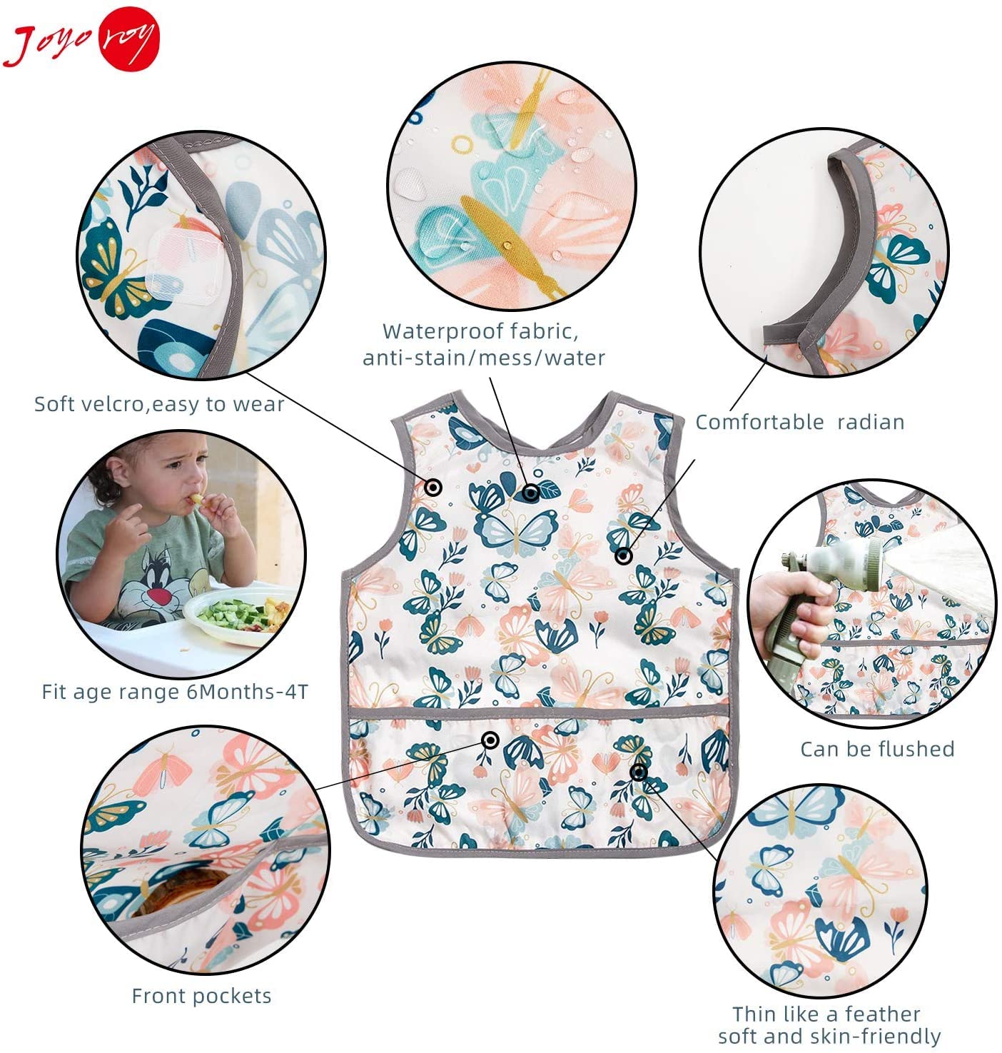Joyo roy Mess Proof Baby Bibs for Eating Waterproof Toddler Bibs 1-3 Years Soft Machine Washable Sleeveless Baby Smock Bib for Girls Travel Reusable Led Weaning Apron for Feeding Bib with Food Catcher