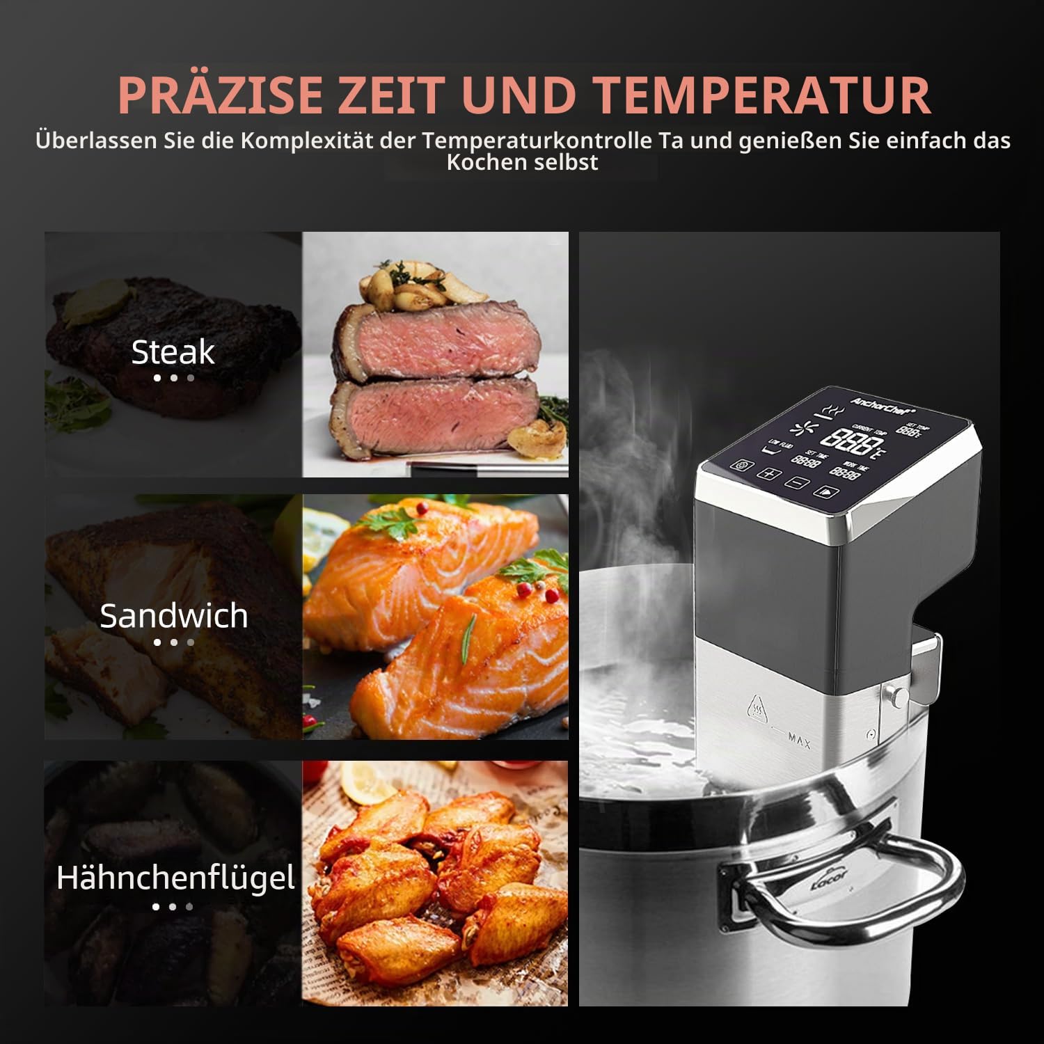 Sous Vide Maschine 1600W, IPX7 Wasserdicht, Kommerzieller Präzisionskocher, Schnelles Erhitzen, Timer, Genaue Temperaturkontrolle, Niedrigtemperaturgaren, Edelstahl, Leise, Platzsparend