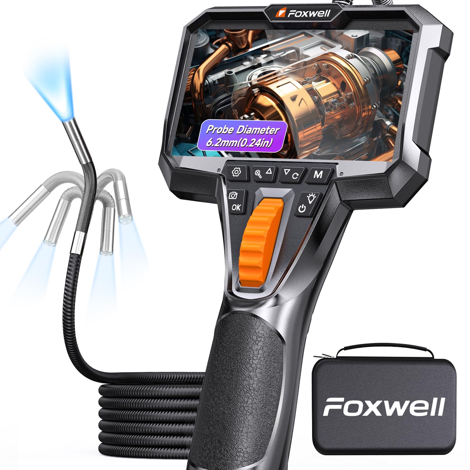 FOXWELL 6,2mm Professionell 2-Wege Schwenkkopf Endoskopkamera mit Licht | 220° Schwenkkopf, IP67 wasserdicht, IPS Display, Foto/Video, 1,6m Kabel, 6 dimmbare LEDs für Werkstatt, KFZ & Rohr