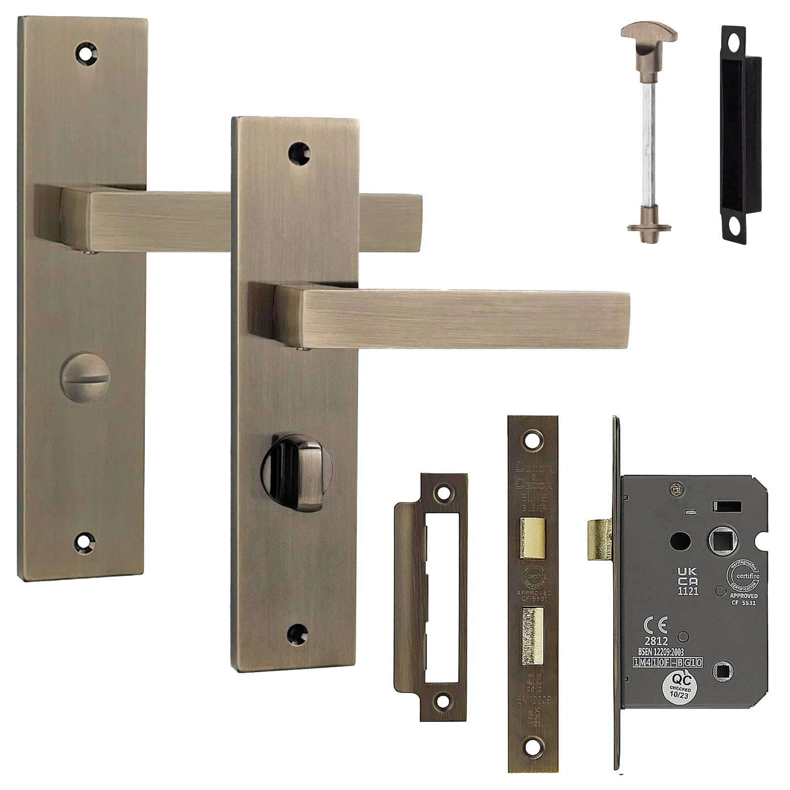 Decoranddecor Lumina Antique Brass Bathroom Lever Handles – Aluminium Internal Door Set with Thumb-Turn Lock and 2.5in Backplate Mechanism, Modern Art Deco Design for Stylish Home Interiors — image 1