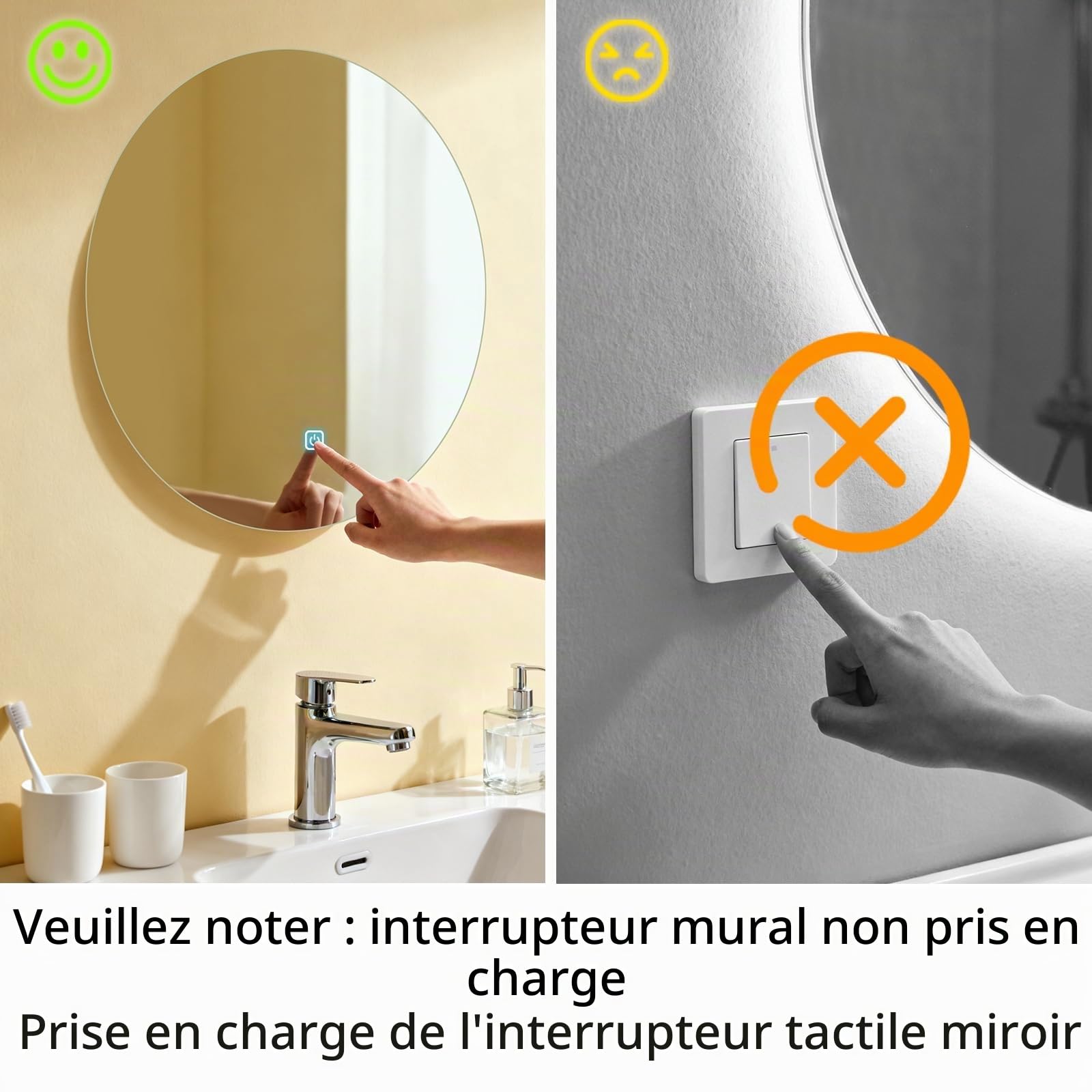 Miroir Salle de Bain LED Rond 50cm, 3 Couleurs Lumière Dimmable, Interrupteur Tactile