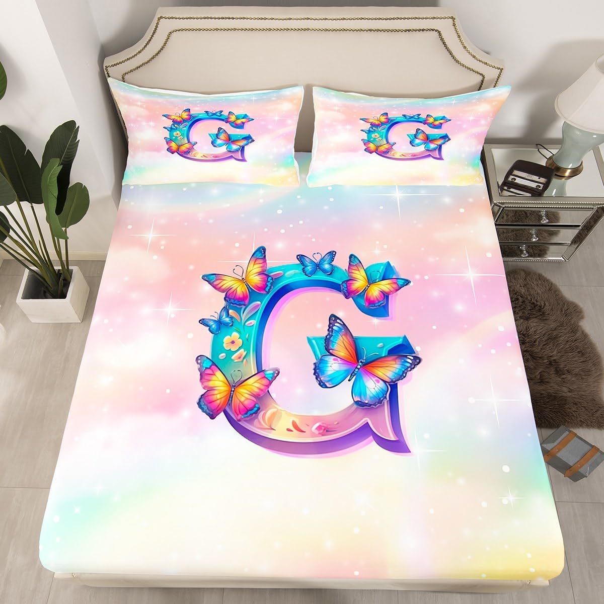 Erosebridal Butterfly Girls Fitted Sheet Queen for Kids Galaxy Stars Gradient Glitter Bed Sheets, Rainbow Alphabet G Bedding Set for Teens Women Bedroom Kawaii Princess Pastel Sheets