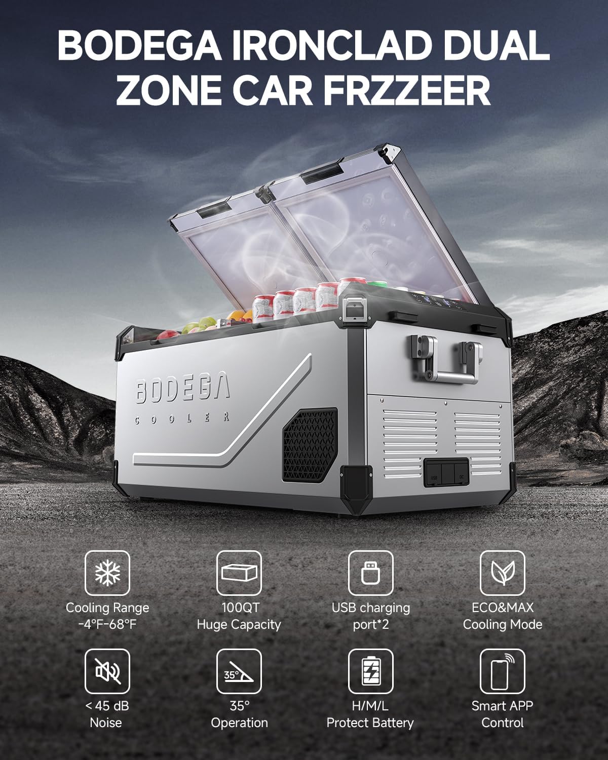 BODEGA COOLER 12 Volt Car Refrigerator, 100Quart (95L) Dual Zone Car Fridge APP Control, Portable Freezer, -4℉-68℉ RV Electric Cooler 12/24V DC &100-240V AC for Outdoor, Camping, Travel