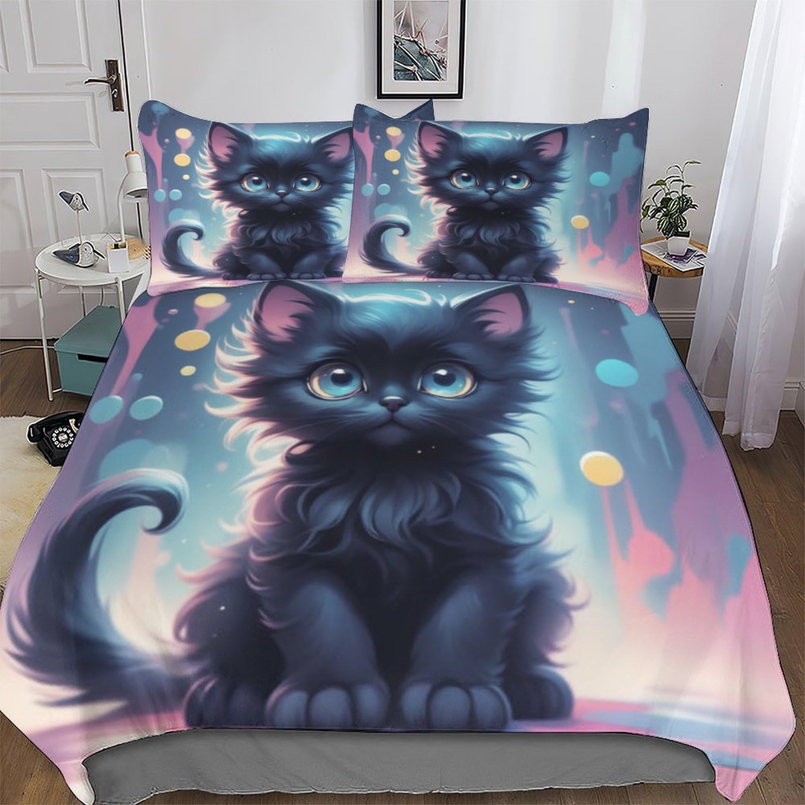 Housse de couette chat 200x200 cm avec taies d'oreiller en microfibre douce