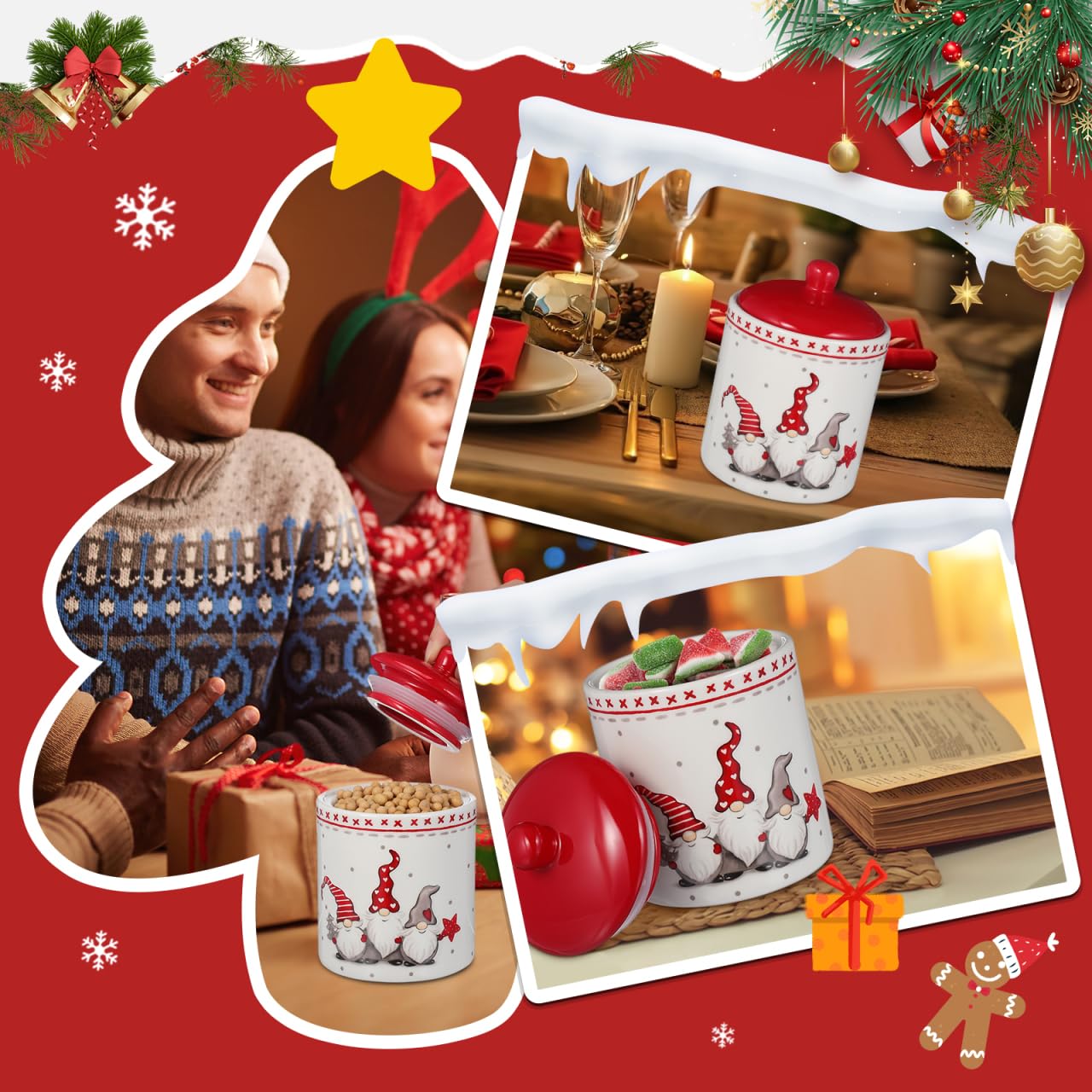 HEMOTON 2 Pièces Boîte De Bonbons Gnome Boîte à Biscuits De Noël Pot De Biscuits Sucrés Pot De Thé Scellé Grains De Noël Peuvent Gardien De Sucre Pot Rond Boîte Ronde Nourriture Céramique