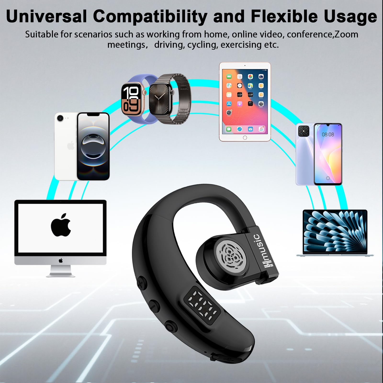 Hmusic Oreillette Bluetooth sans Fil V5.4, IPX5 Étanche, Kit Mains Libres avec 2 Micro Anti-Bruit, 20H d'Autonomie, 18g Ultra-léger, Affichage Numérique LED, pour Conduite, Bureau, Affaires