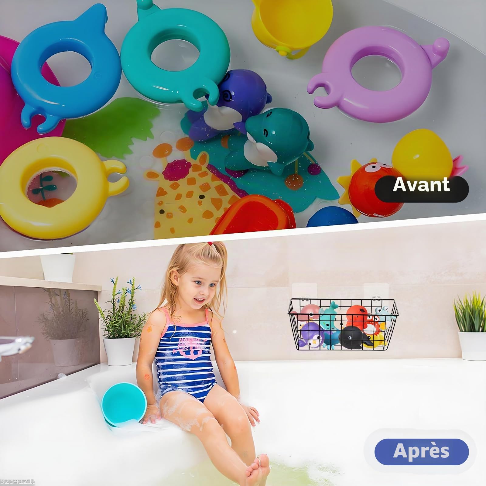 YEXEXINM Lot de 2 organisateurs de rangement en métal pour jouets de bain, panier de douche en maille suspendu avec crochets adhésifs pour baignoire, grand porte-jouets de bain pour ranger les jouets