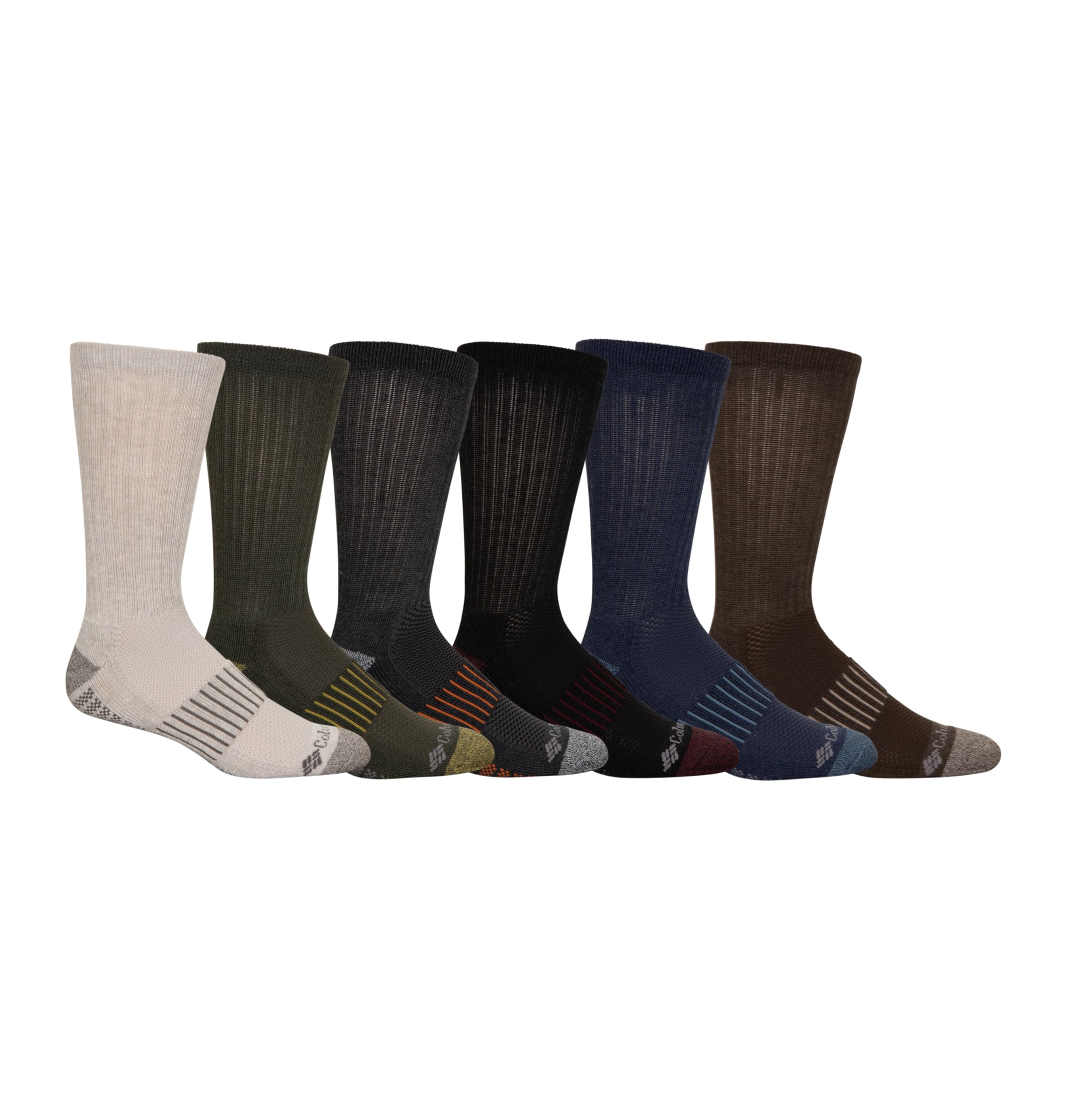 columbia Men's Pique Weave Crew Socks with Arch Support 6 Pairs, Khaki/Olive/Grey/Brown/Navy/Black, Sock Size 10-13, Black, 10-13-picture-10