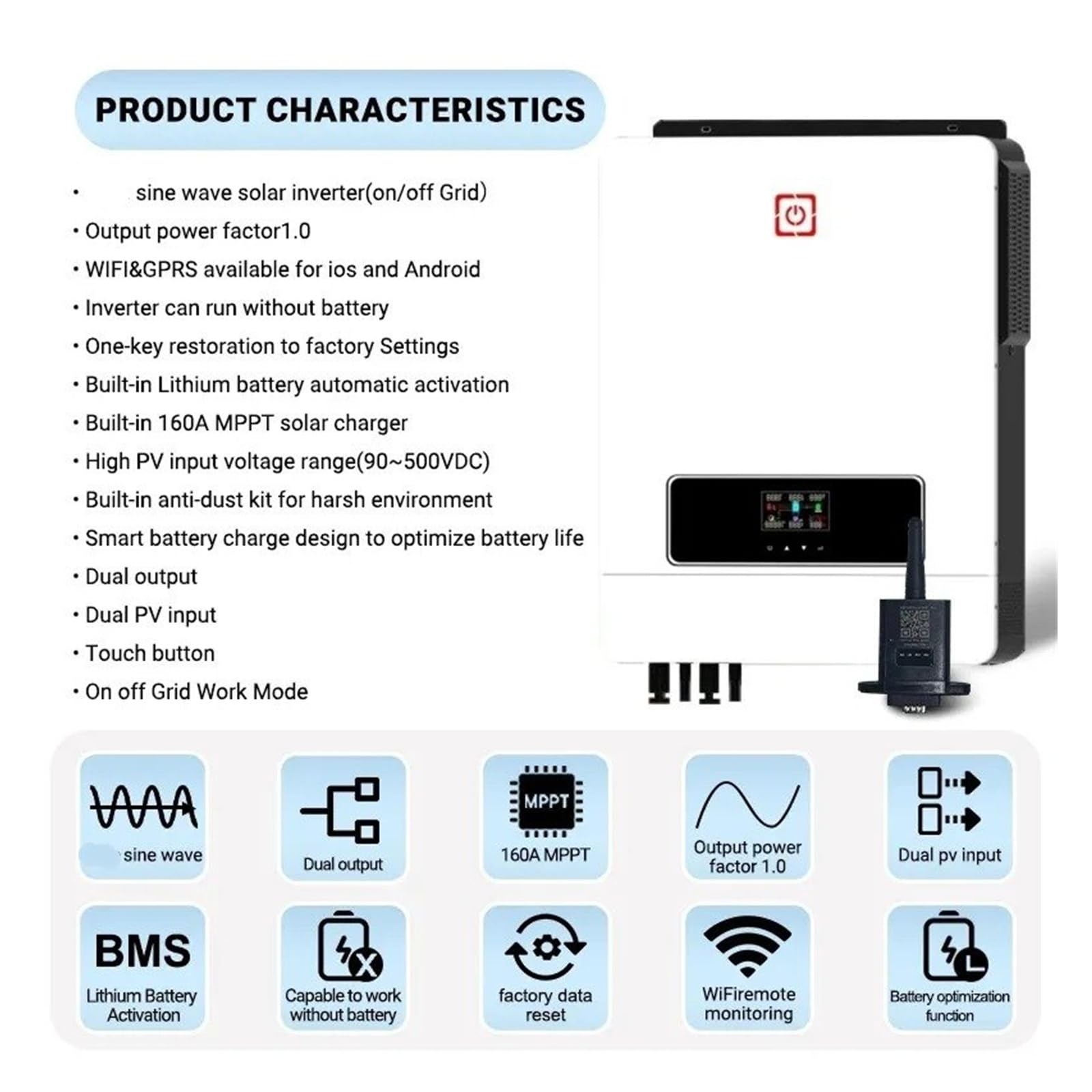 Inversor Convertidor Potencia Inversor Solar para Híbrido 10.2KW 48V 230VAC Controlador Carga Dual MPPT 180A PV MAX 500VDC Onda Sinusoidal para Pura(Only WiFi)