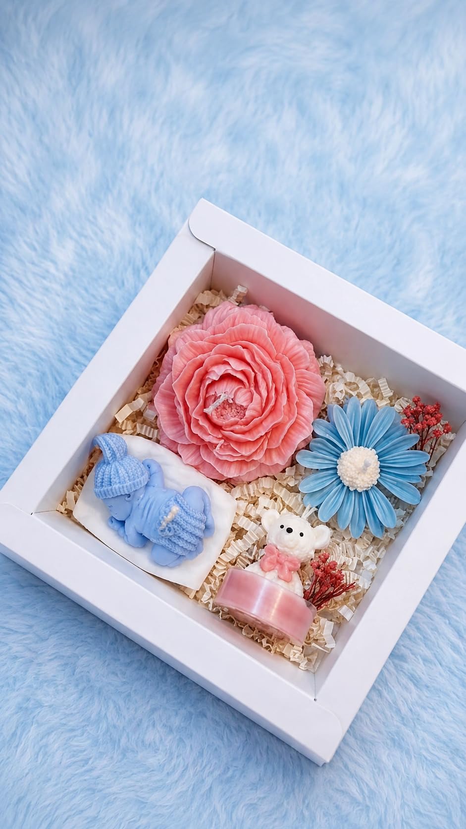 Hamper for Baby Shower Gifting Handmade Candle Set with Sleeping Baby Candle, Flower Candles & Teddy Tealight | Baby Boy Return Gift.-picture-28