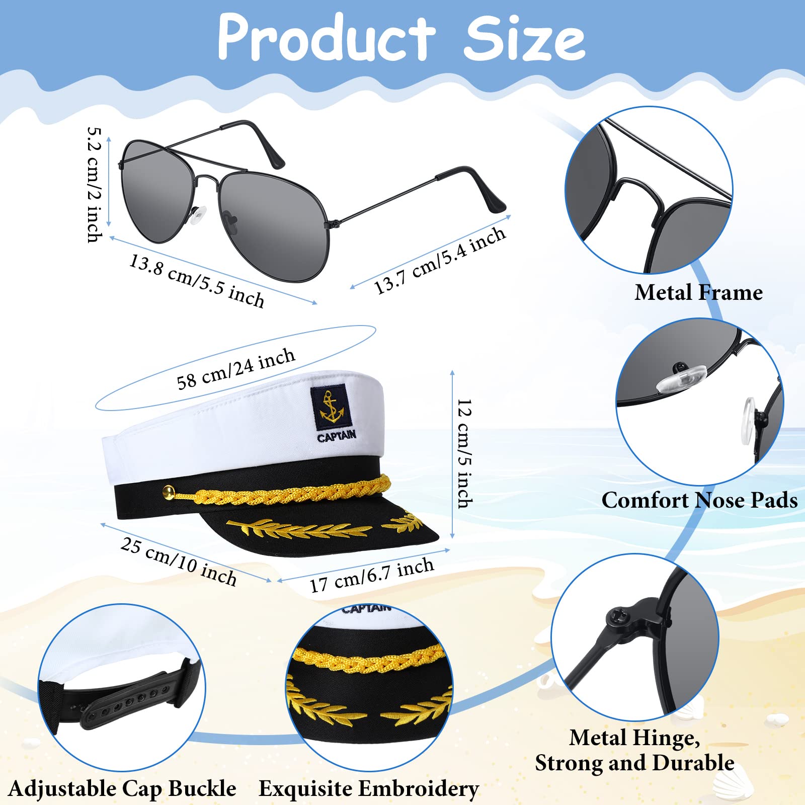 12 Pieces Yacht Captain Hat Sailor Ship Costume Set Captain's Yacht Sailors Hat Adjustable Sailor Ship Cap Polarized Sunglasses Lightweight Driving Sunglasses for Kids