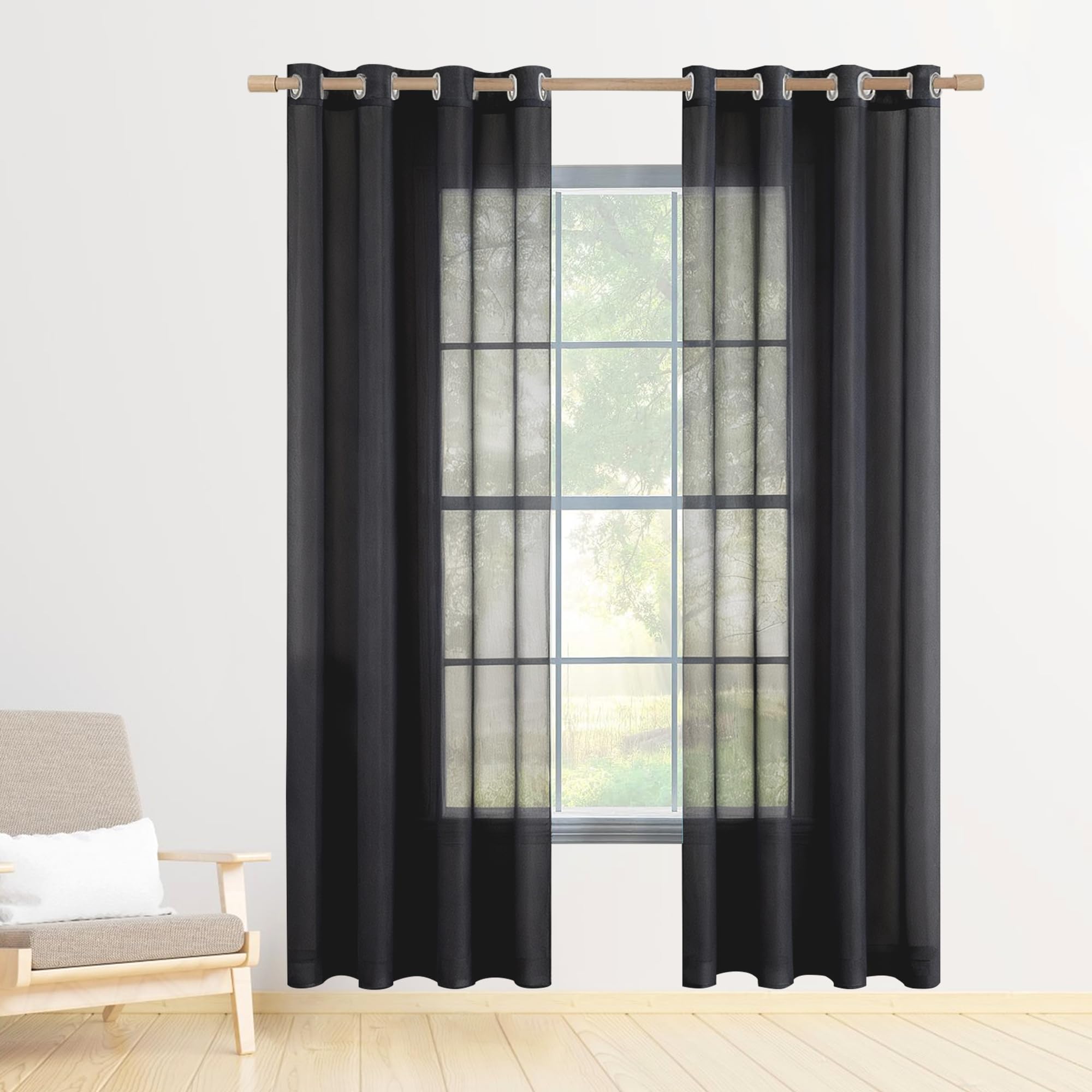 Rideaux voilage transparent 290x350cm noir anti UV pour salon et cuisine