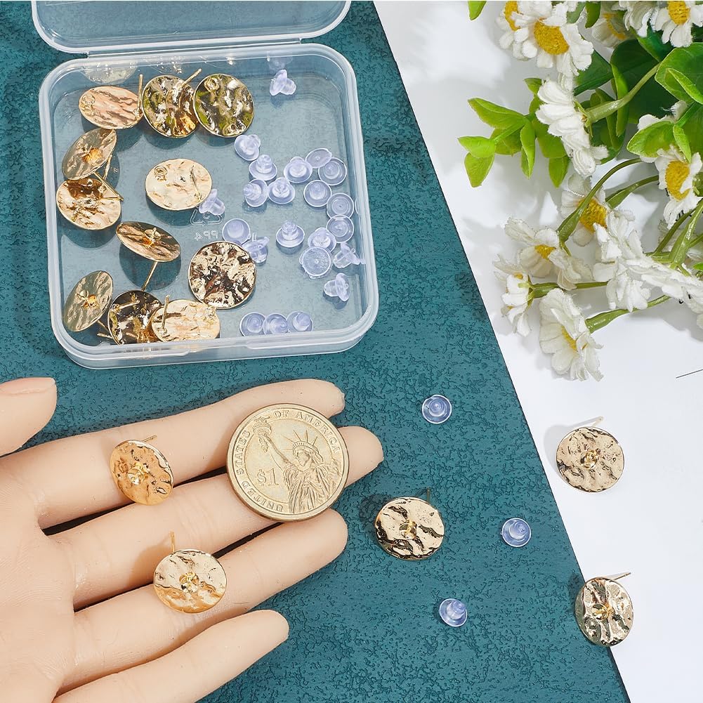 Beebeecraft 1 Box 20Pcs Flat Round Earring Studs Real 18K Gold&Platinum Plated Brass Metal 15mm Coin Disc Posts Earrings Findings with Loop and 20Pcs Plastic Ear Nuts for Jewelry Making DIY Craft - Image 3