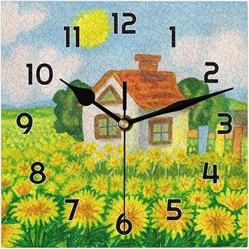 Yellow Flower Dandelions Wall Clocks Silent Non-Ticking Square Clocks Battery Operated Decorative Desk Clock Modern Rustic Art Wall Clock for Home Kitchen Bedroom Bathroom Office 12 Inch
