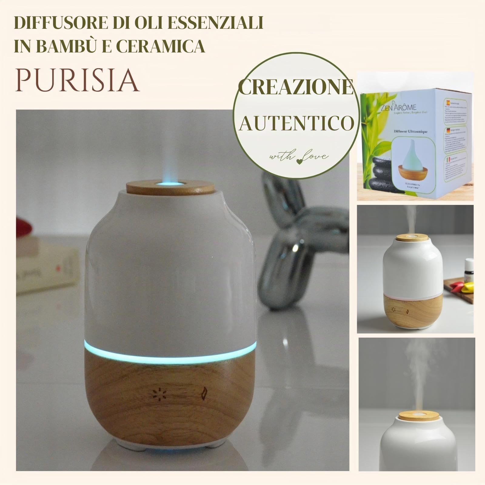Zen'Aroôme - Diffusore di oli essenziali ad ultrasuoni Purisia (fino a 40 m²), diffusione a freddo per aromaterapia, modalità continua o alternata, illuminazione multifunzione, ceramica e legno