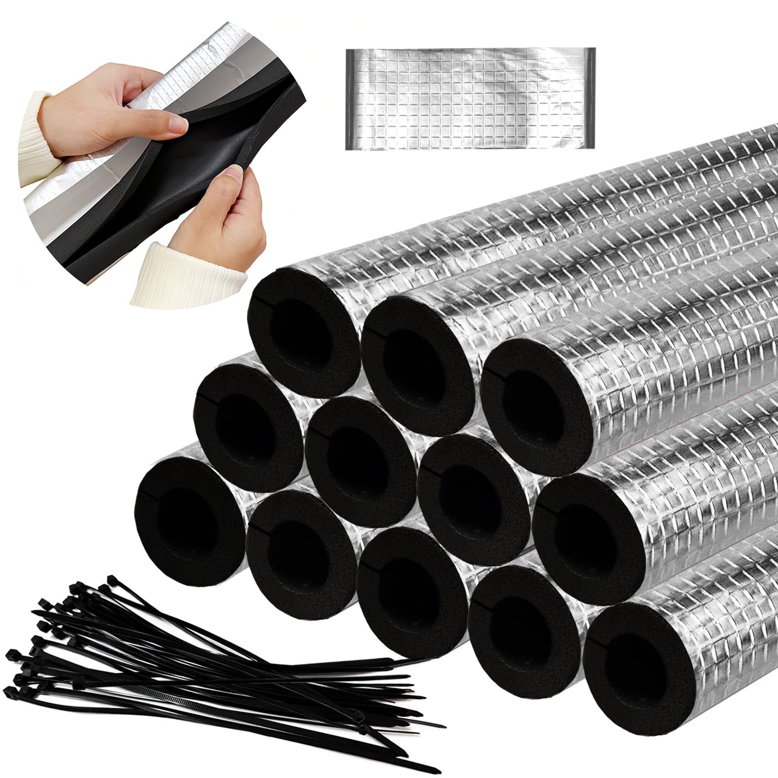 Photo 1 of 12 Pack  Insulation Foam Tube,Self Adhesive Insulation Foam Wrap with Seam Tape and Zip Ties,Aluminum Foil Pipe Covers for Spigot,Sprinkler,Winter Outside Pipes,1.3 Ft x 0.8 Inch