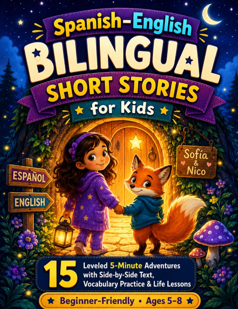 Spanish–English Bilingual Short Stories for Kids: 15 Leveled 5‑Minute Adventures with Side‑by‑Side Text, Power Phrases, Vocabulary Practice, ... & Life Lessons (Beginner‑Friendly, Ages 5–8)