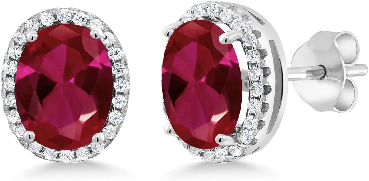 Gem Stone King925 Sterling Silver Red Created Ruby Halo Earrings For Women (4.48 Cttw, Oval 9X7MM)