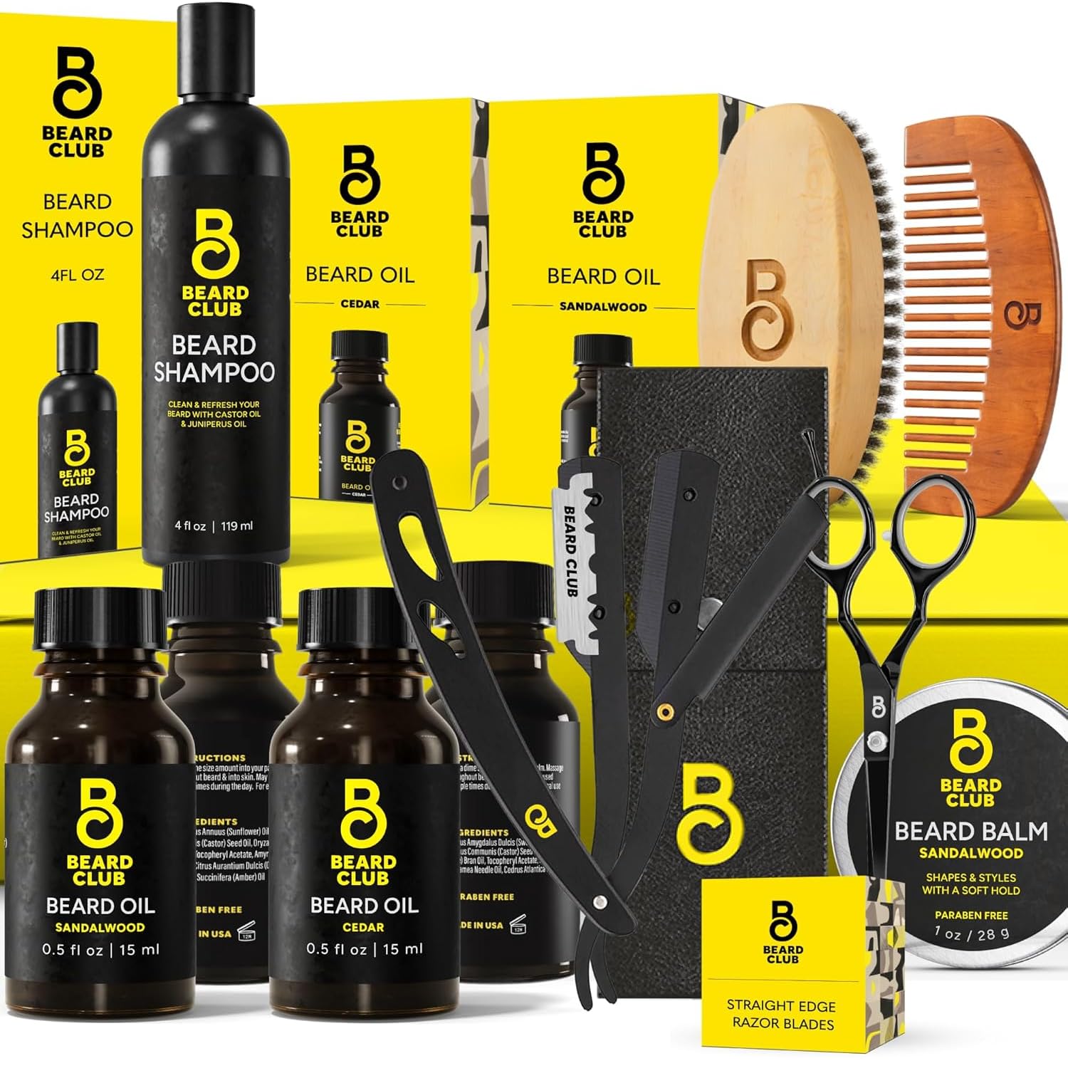 The Beard Club Premium Beard Kit for Men - Grooming & Care Kit - Cedar & Sandalwood Oil, Sandalwood Balm, Shampoo, Brush, Comb, Trimming Scissors, Straight Edge Razor - Gift Set