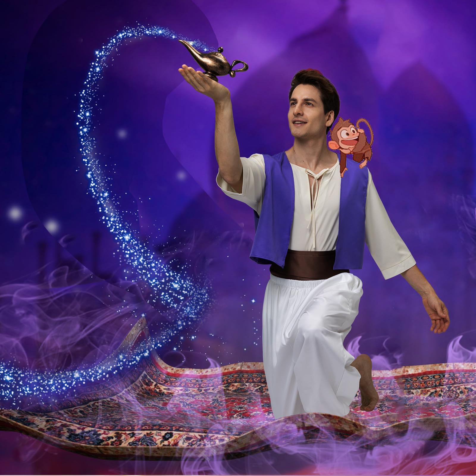 Joellfuner Deguisement Aladin Adulte, Costume Aladin Homme, Deguisement Prince Arabe Homme avec Pantalon Aladin, Lampe Aladin, Gilet Arabe, Chemises, Chapeaux pour Fête de Carnaval à Thème