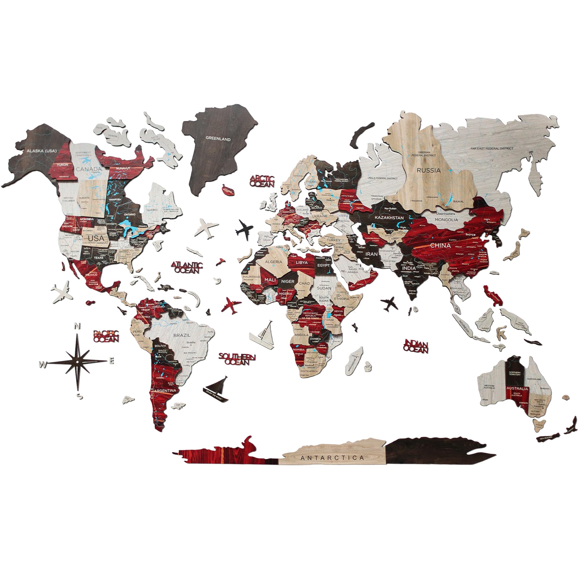 Enjoy The Wood 3D Wooden World Map Wall Art | Handcrafted Wooden World Map Wall Decor | Handcrafted and Stylish Perfect Home and Office Decoration (Urban, M (100 x 60 cm)