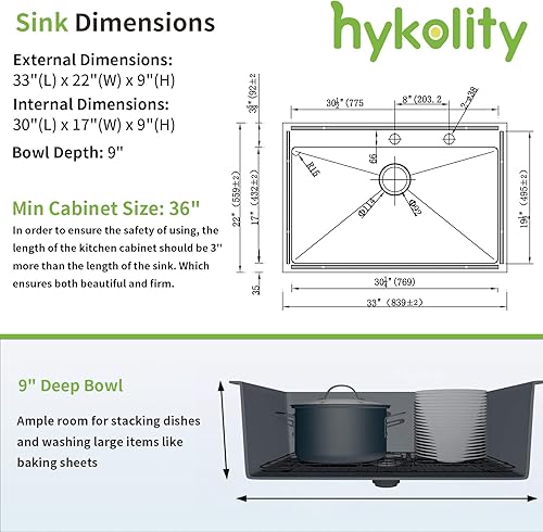 Miniatura 3 de hykolity Fregadero de cocina de 33 pulgadas, fregadero de cocina de acero inoxidable de 2 agujeros con colador y rejilla inferior, 33 x 22 x 9